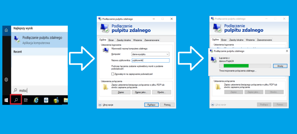 Podłączanie pulpitu zdalnego w systemie Windows.